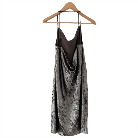 HALSTON Cowl Neck Metallic Slip Mini Dress in Gunmetal - Picture 9 of 16